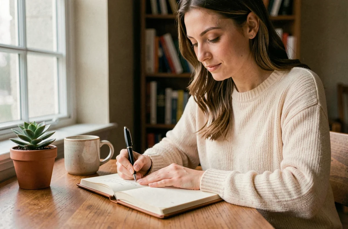 Femme écrivant une citation positive dans un journal intime dans un bureau cosy