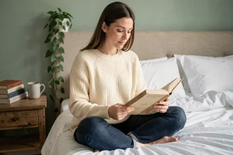Femme lisant un livre de développement personnel sur son lit avec des notes dans les marges, ambiance cosy et apaisante