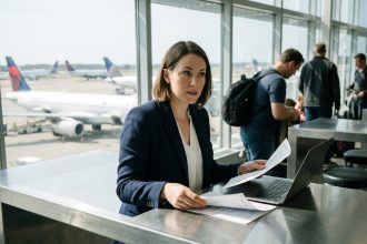 Femme en blazer navy au lounge aéroport avec ordinateur