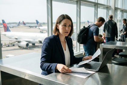 Femme en blazer navy au lounge aéroport avec ordinateur