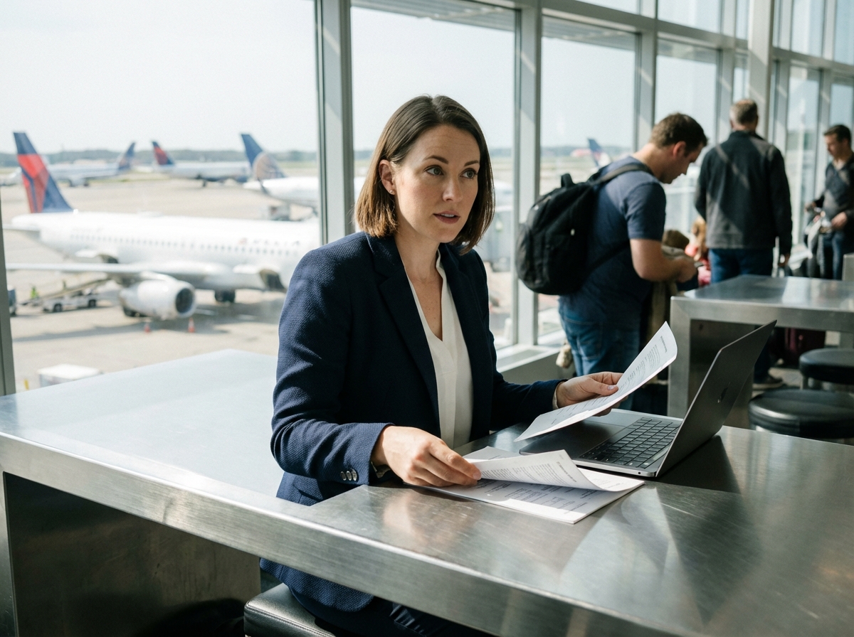 Femme en blazer navy au lounge aéroport avec ordinateur