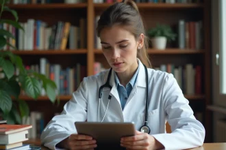 Jeune femme medecin lisant sur une tablette dans un bureau