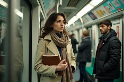 Femme dans le métro parisien assise et lisant un livre