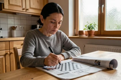 Femme résolvant des mots fléchés sur cantons suisses dans une cuisine suisse typique