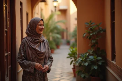 Femme nord-africaine souriante saluant son voisin dans l'entrée