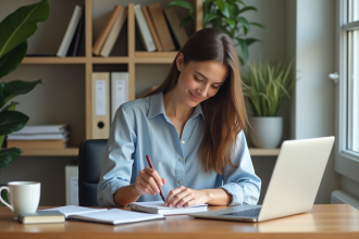 Jeune femme organisée dans son bureau moderne