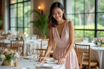 Jeune femme en robe pastel arrangeant la table de réception