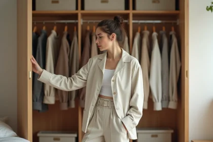 Femme choisissant une chemise dans un dressing organisé