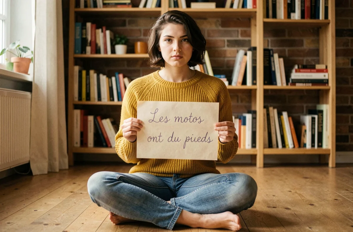 Jeune femme tenant un panneau manuscrit 'Les mots ont du poids', assise dans un appartement chaleureux, symbolisant la prise de conscience contre le validisme et les mots blessants
