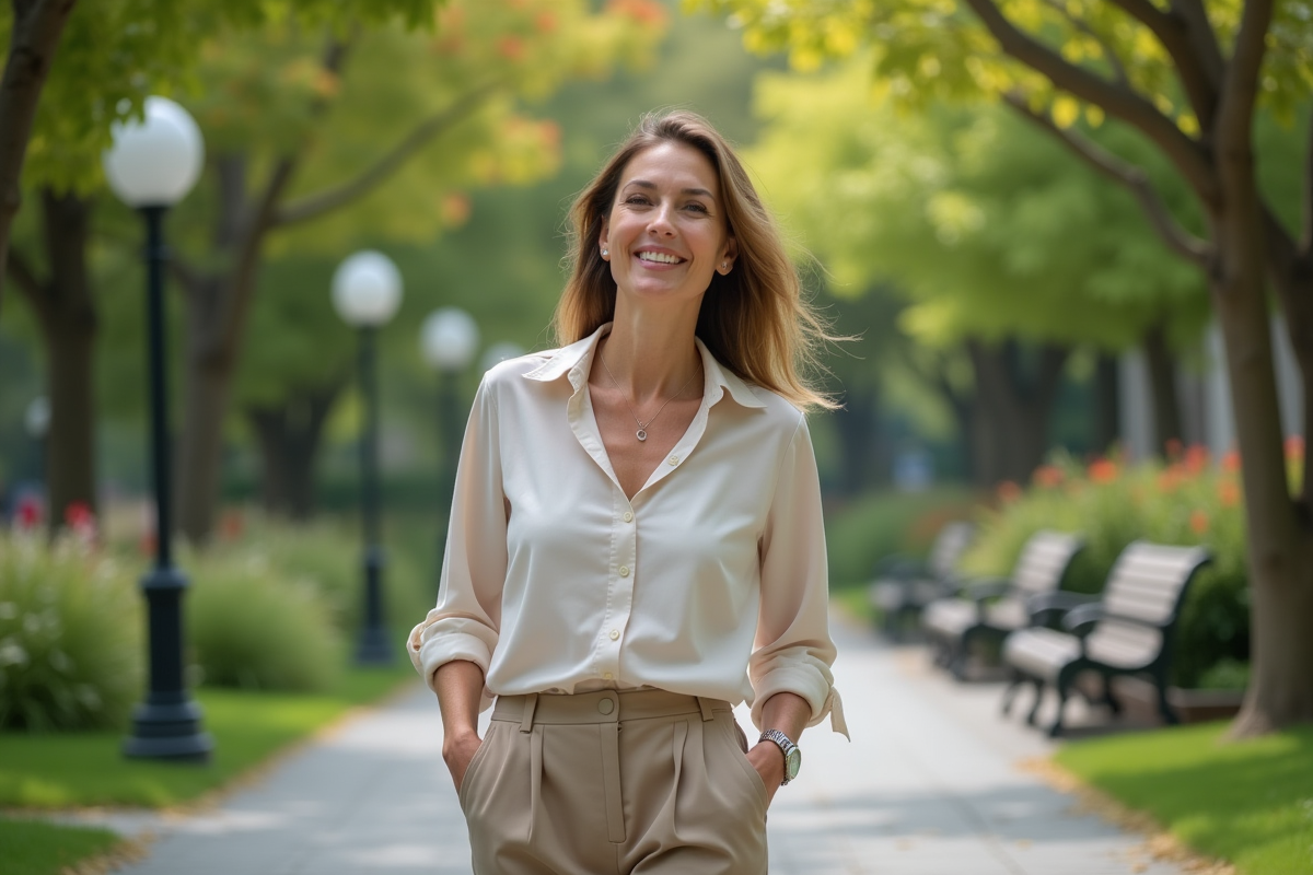 Femme marchant dans un parc urbain verdoyant
