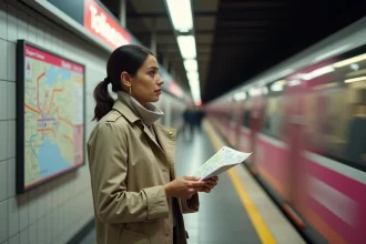 Femme consultant le plan du métro de Toulouse sur le quai d'une station souterraine moderne