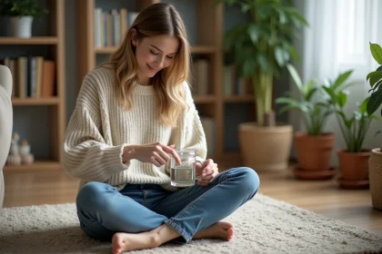 Femme assise en intérieur en train d'arroser une plante