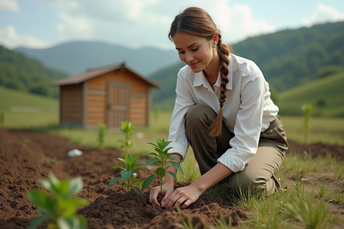 Jeune femme plantant des jeunes arbres dans un champ