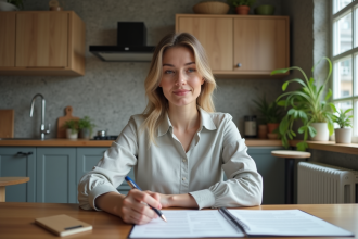 Femme en tenue professionnelle examine documents de prêt immobilier