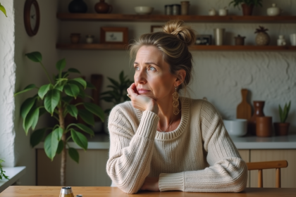 Femme d'âge moyen pensant dans sa cuisine chaleureuse