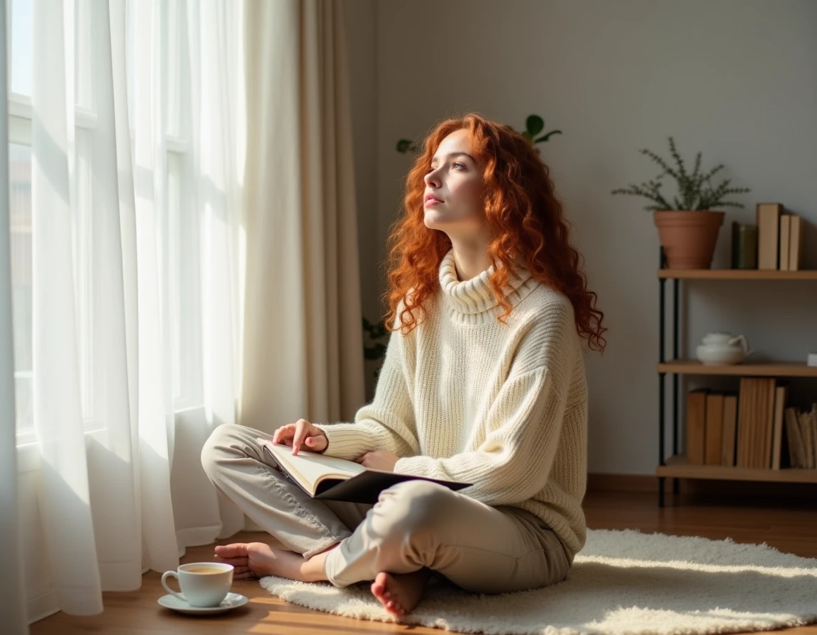 Jeune femme méditant sur la signification de l'heure miroir 13h31 dans un intérieur cosy avec un journal ouvert