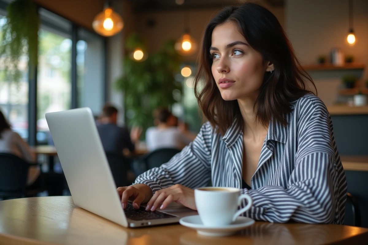 Jeune femme trouvant une rime sur un dictionnaire en ligne dans un café moderne avec un ordinateur portable