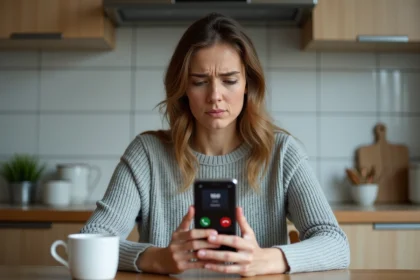 Femme regardant son smartphone avec une expression perplexe après être tombée sur la messagerie vocale, se demandant si son numéro est bloqué