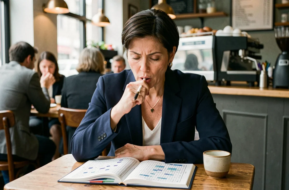Femme réfléchissant sur une grille de sudoku dans un café avec un livre de puzzles ouvert