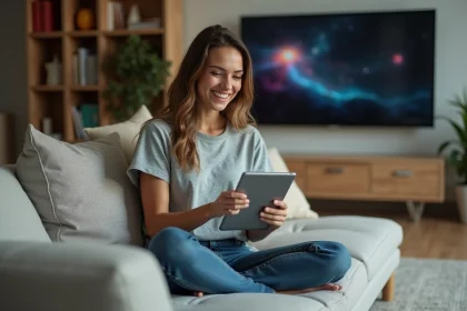 Femme détendue utilisant une tablette dans un salon cosy