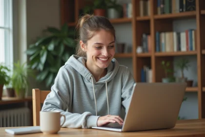 Jeune femme souriante utilisant un tchat en ligne sur son ordinateur portable dans un appartement cosy