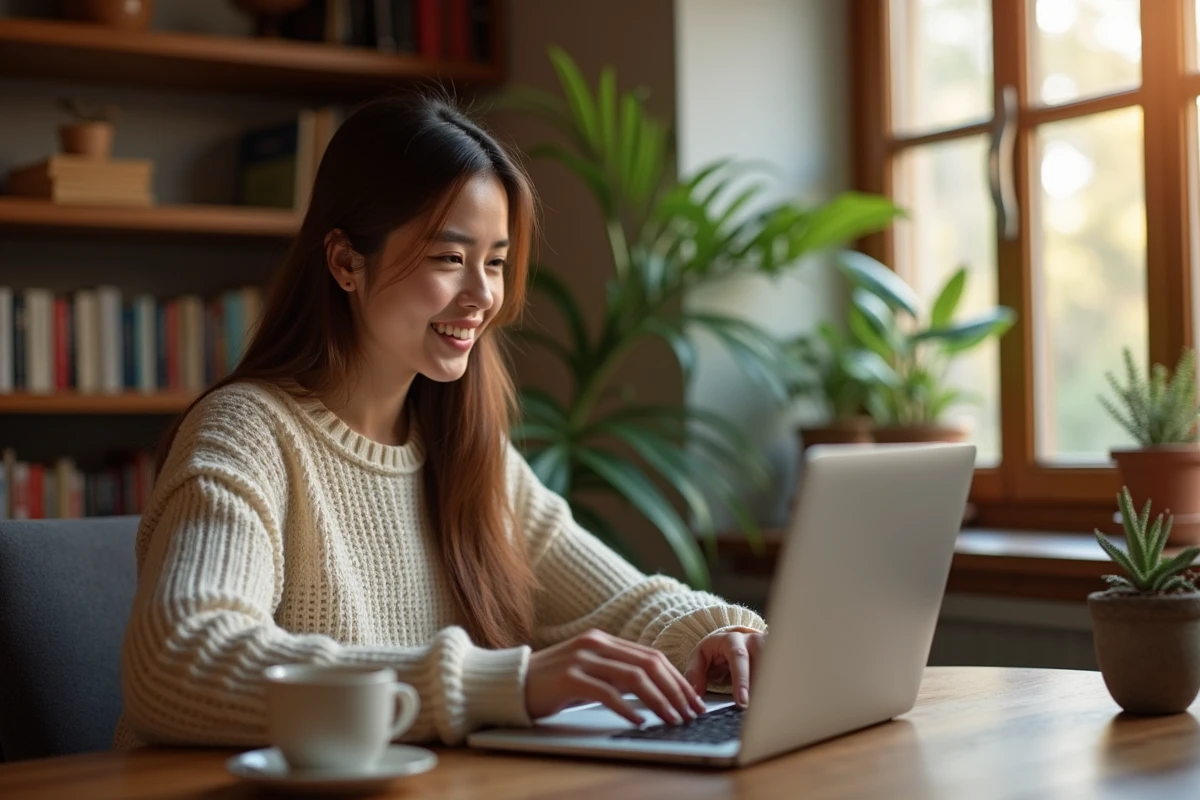 Jeune femme souriante qui tchat en direct avec la radio Chérie FM depuis son bureau à domicile