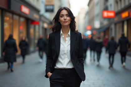 Femme élégante en costume noir dans une ville dynamique