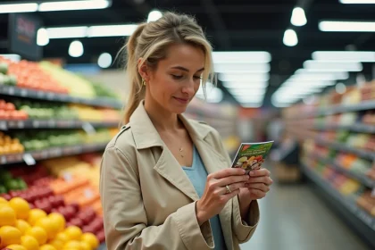 Femme examinant une vignette Intermarché dans le rayon fruits et légumes d'un supermarché