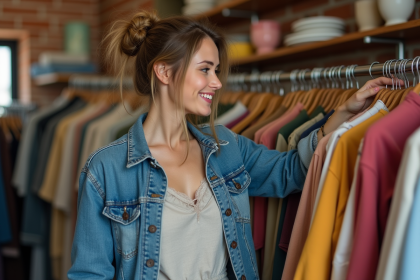 Femme en denim vintage dans une friperie urbaine