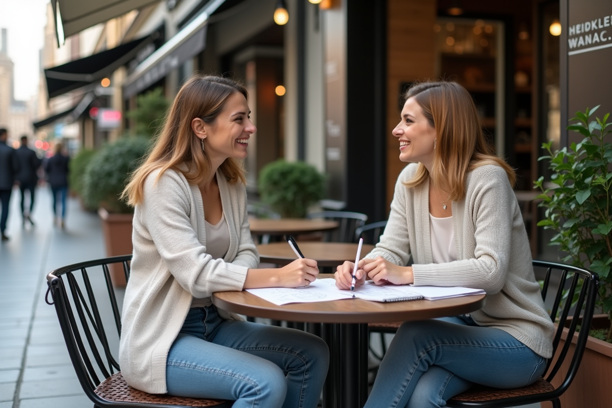 Deux femmes discutant dans un café en ville