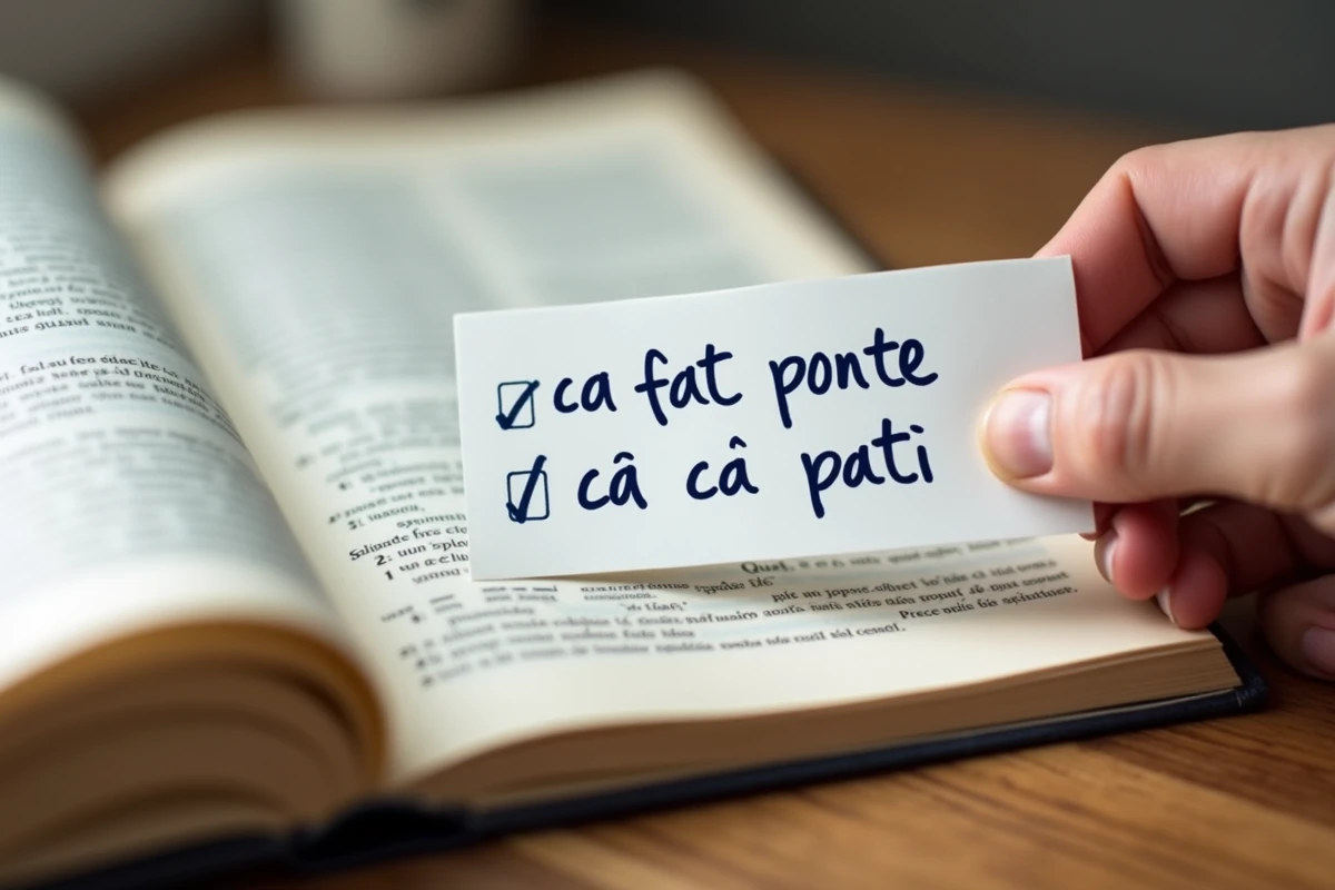 Gros plan d'une fiche manuscrite comparant les expressions 'ça fait partie' et 'ça fait parti' posée sur un dictionnaire français