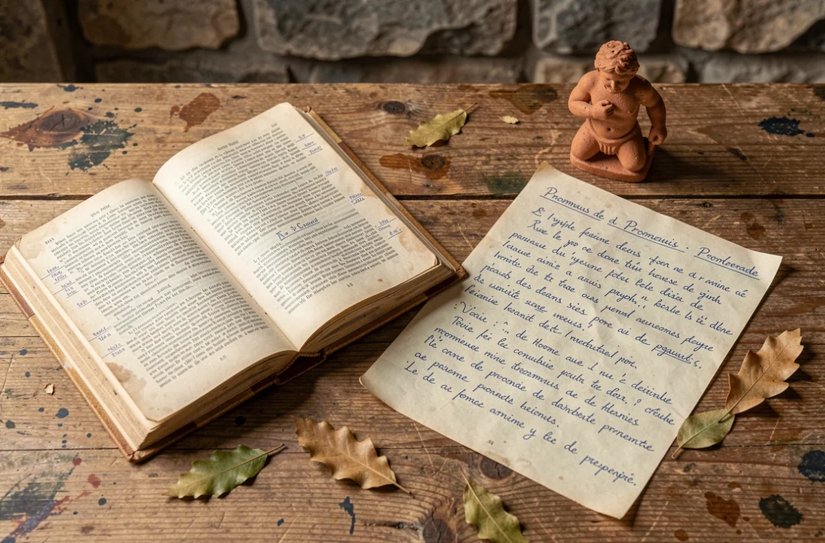 Fiche résumé manuscrite du mythe de Prométhée posée sur un bureau en bois avec manuel de mythologie grecque et figurine en terre cuite