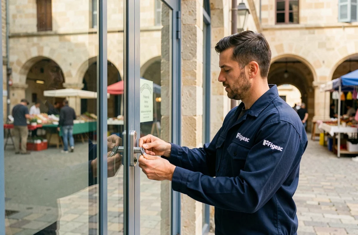 Serrurier de Figeac Multi Services remplaçant une serrure sur une porte vitrée commerciale dans le centre-ville de Figeac