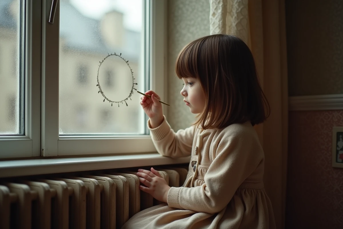 Jeune fille dessinant sur la vitre dans un appartement français