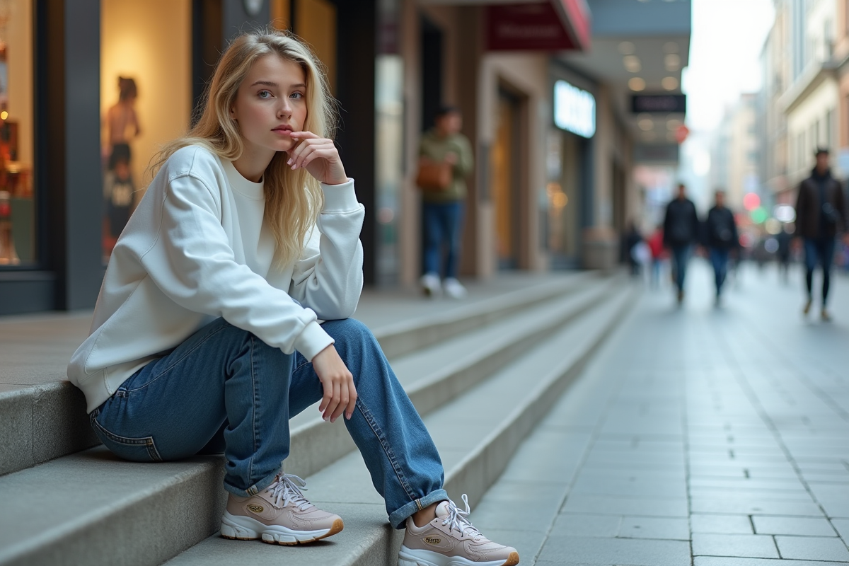 Jeune fille en streetwear assise sur des escaliers modernes