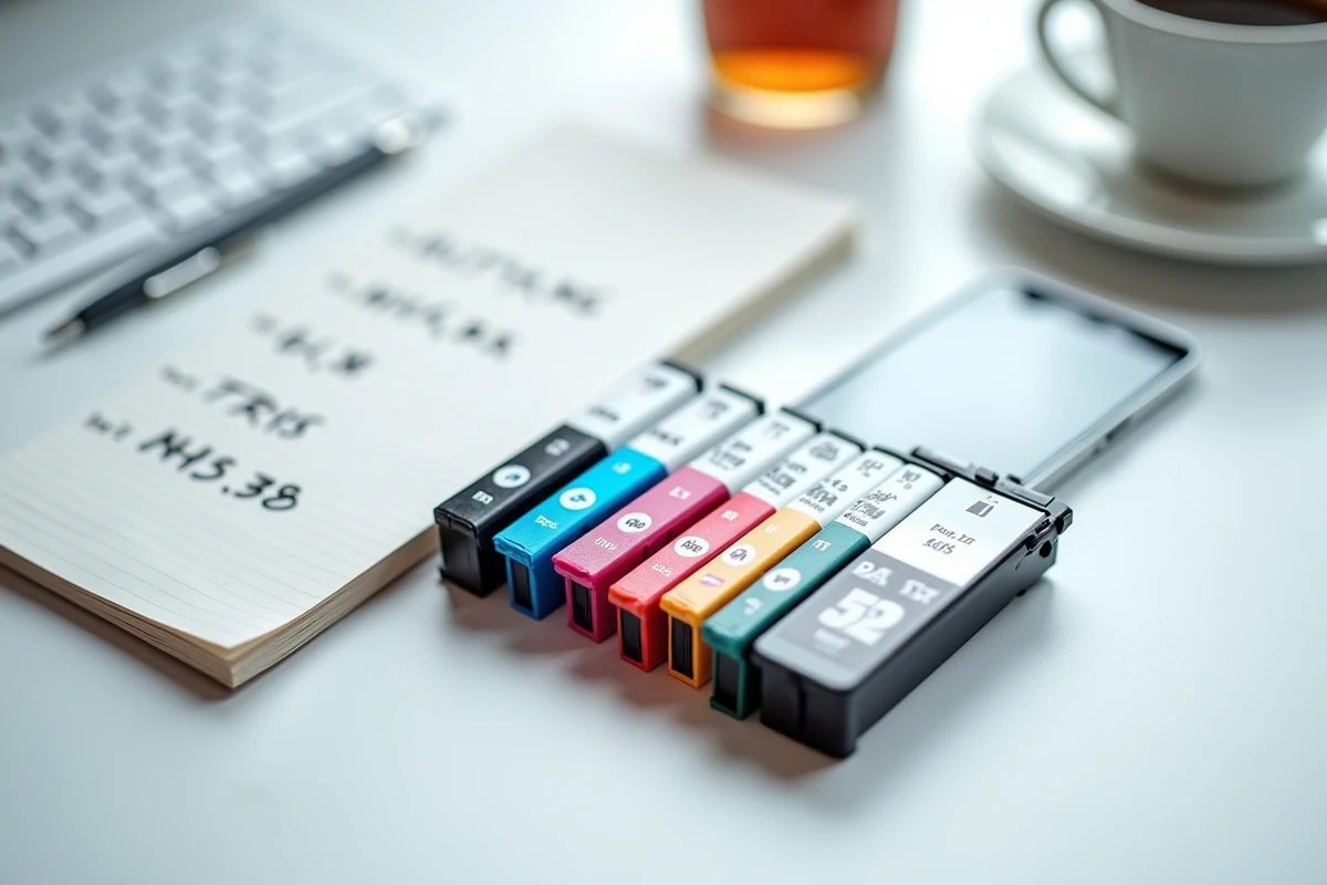 Vue de dessus de cartouches d'encre variées avec comparatif de prix sur smartphone et notes manuscrites en euros