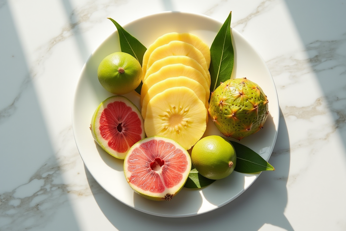 Fruits exotiques tranchés avec lychee et lucuma sur assiette blanche