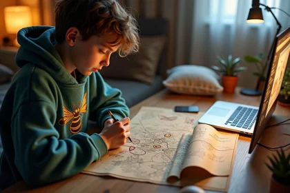 Jeune adulte concentré avec carte Silksong dans une chambre