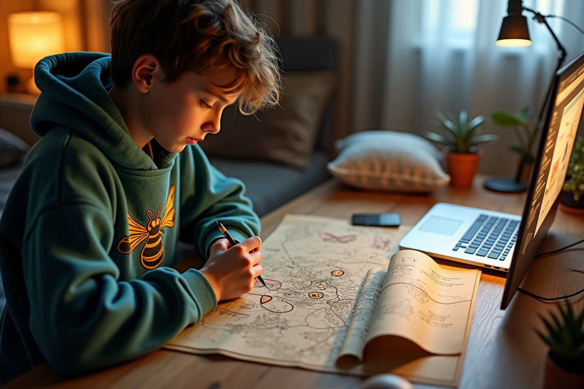 Jeune adulte concentré avec carte Silksong dans une chambre