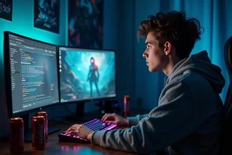 Jeune gamer épuisé devant son écran League of Legends avec des statistiques de temps de jeu visibles