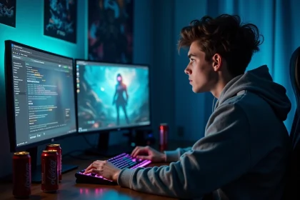 Jeune gamer épuisé devant son écran League of Legends avec des statistiques de temps de jeu visibles