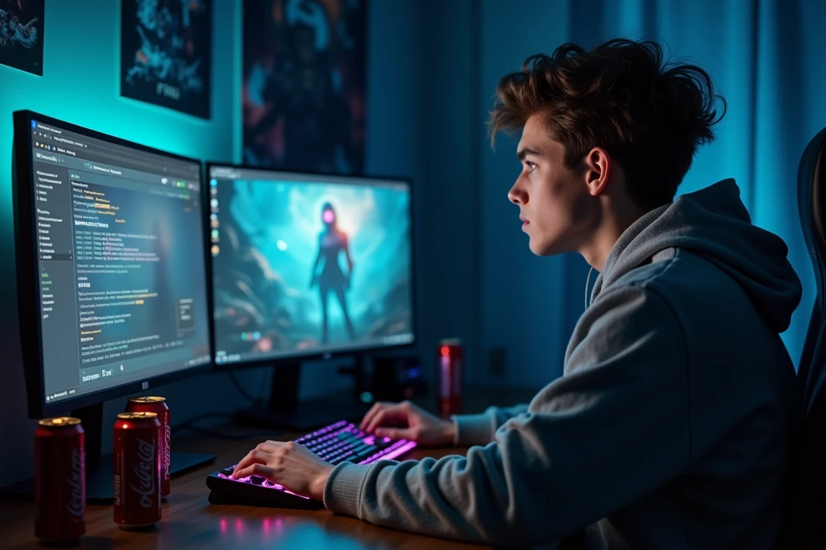 Jeune gamer épuisé devant son écran League of Legends avec des statistiques de temps de jeu visibles