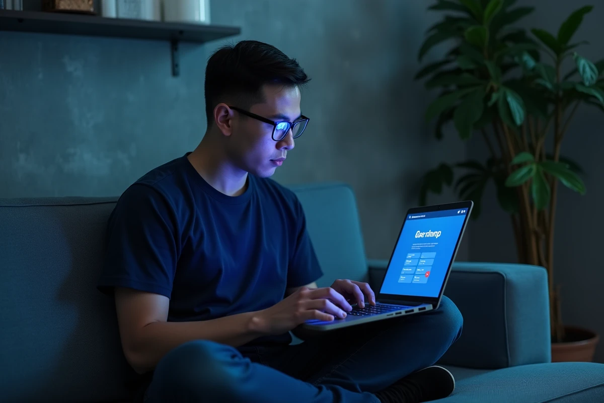 Homme utilisant un générateur de pseudo en ligne sur son ordinateur portable dans un salon moderne