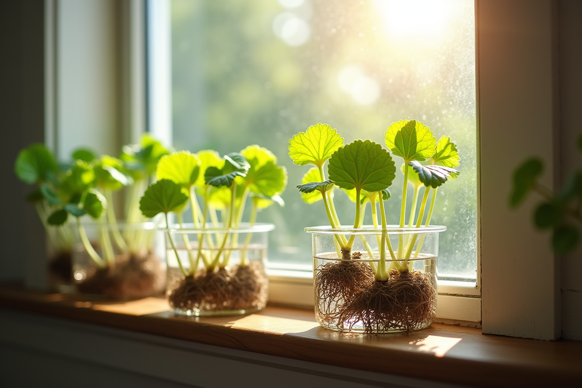 Jeunes geraniums en racines dans des verres d