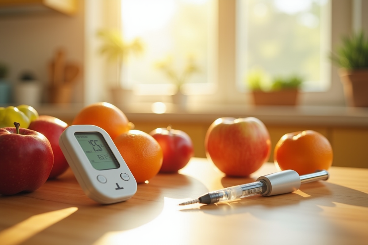 Glucometre moderne stylo insulin et fruits frais