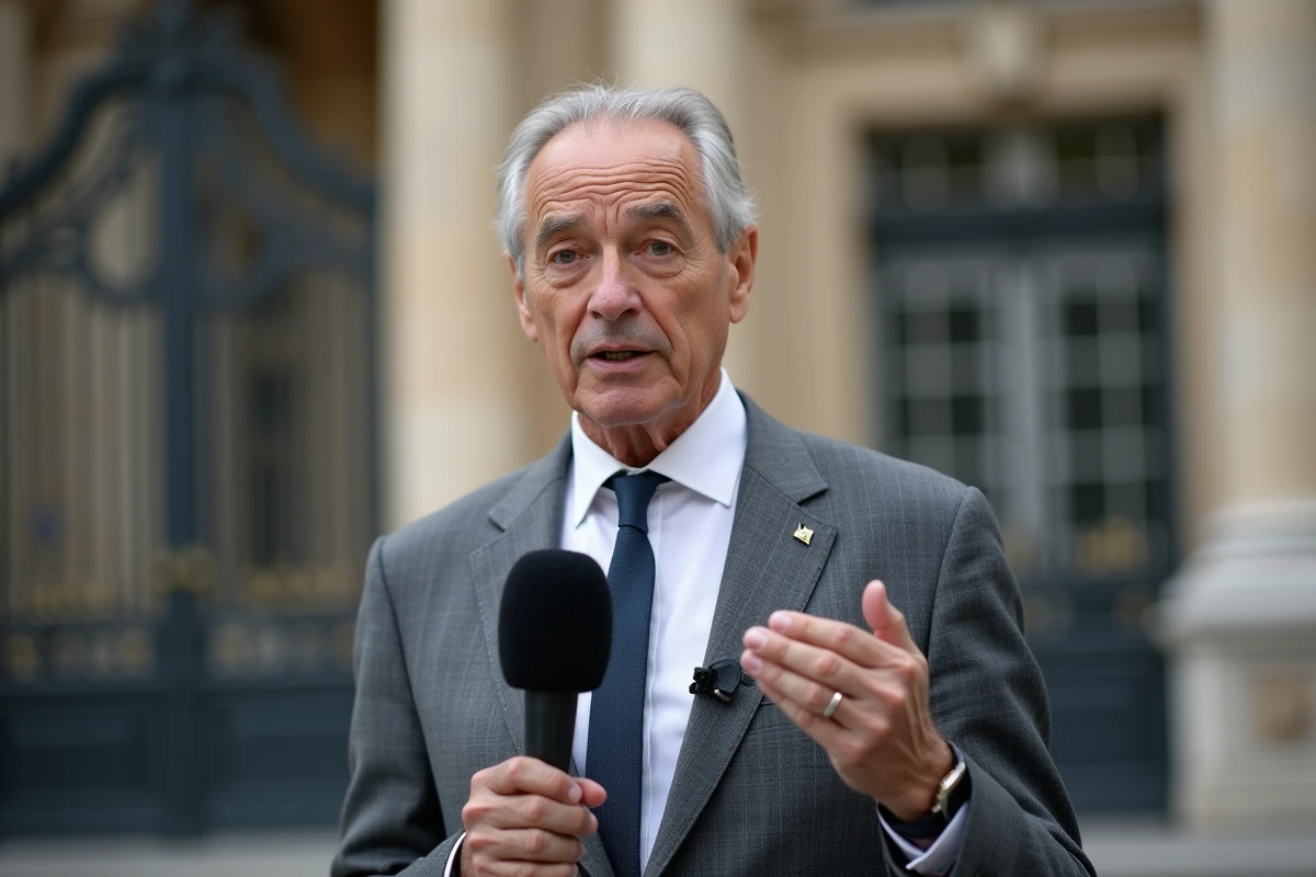 Grand journaliste français vétéran interviewant devant le Palais de l'Élysée à Paris, badge presse, microphone professionnel, style éditorial