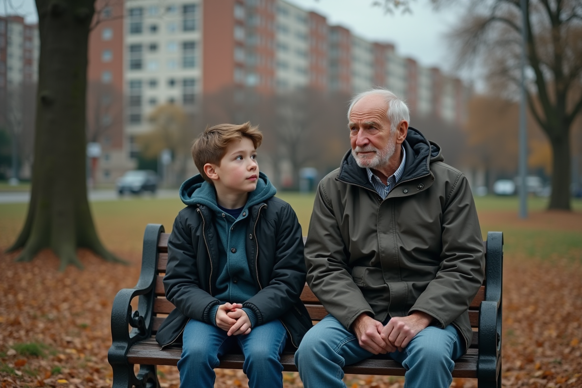 Grand-père et adolescent assis sur un banc dans un parc
