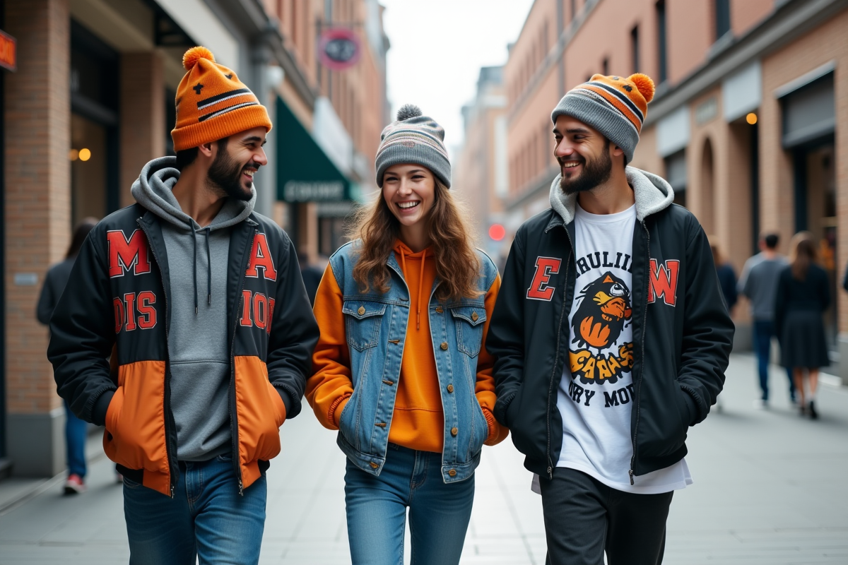 Trois adolescents souriants marchant dans la ville