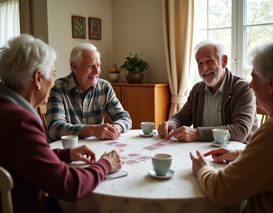 Groupe d'adultes jouant une partie de bridge conviviale autour d'une table avec carnets de score et tasses de café