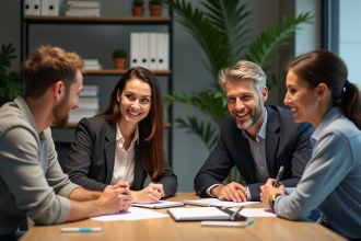Groupe de collègues divers discutant au bureau